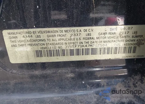 2007 Volkswagen Jetta Wolfsburg Edition из США, поврежденный, VIN 3VWEF71K47M202504